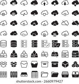 Storage icon set in line and filled style. Vector icons of cloud, hard drive, server, folder, USB, and storage devices. Suitable for apps, UI design, websites, and infographics.
