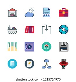 storage icon set. vector set about safebox, file, barcode scanner and cargo ship icons set.