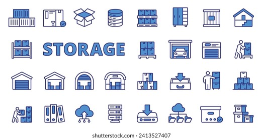 Storage icons in line design blue. Container, warehouse, box, pallet, warehousing, garage, stockroom isolated on white background vector. Storage editable stroke icon.