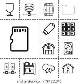 Storage icons. set of 13 editable outline storage icons such as barn, cloud download upload, fragile cargo, flash drive, server, memory card, hard disc, barrel