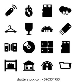 storage icons set. Set of 16 storage filled icons such as luggage storage, barn, hanger, folder, fragile cargo, cargo barn, CD fire, memory card, usb drive, usb signal, CD