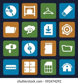 storage icons set. Set of 16 storage filled icons such as luggage storage, barn, hanger, folder, arrow up, CD, file, memory card, usb drive, search cloud