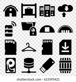 Storage icons set. set of 16 storage filled icons such as barrel, luggage storage, barn, hanger, cargo barn, file, memory card, usb drive, server, hard disc, download cloud