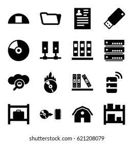 Storage icons set. set of 16 storage filled icons such as barn, resume, folder, cargo barn, binder, CD fire, disc, usb drive, server, CD