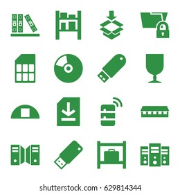 Storage icons set. set of 16 storage filled icons such as luggage storage, barn, fragile cargo, cargo barn, box, binder, flash drive, file, usb drive, server, cd, memory card