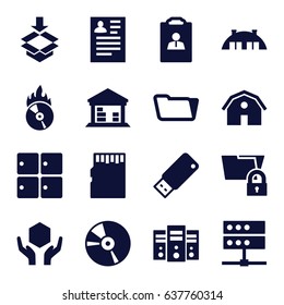 Storage icons set. set of 16 storage filled icons such as luggage storage, barn, resume, folder, handle with care, cargo barn, box, cd, cd fire, usb drive, memory card, server