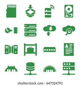 Storage icons set. set of 16 storage filled icons such as luggage storage, barn, resume, box, disc, server, memory card, hard disc, search cloud