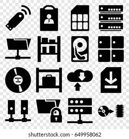 Storage icons set. set of 16 storage filled icons such as luggage storage, cargo barn, cd, disc, file, usb signal, memory card, hard disc, resume, server, folder