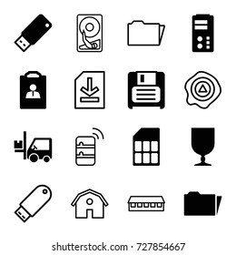 Storage icons set. set of 16 storage filled and outline icons such as fragile cargo, forklift, diskette, folder, usb drive, memory card, resume, barn, arrow up, flash drive