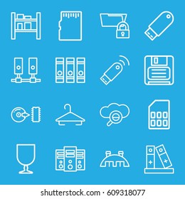 Storage icons set. set of 16 storage outline icons such as hanger, binder, fragile cargo, cargo barn, diskette, flash drive, disc, barn, usb signal, memory card, server