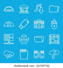 Storage icons set. set of 16 storage outline icons such as barn, folder, handle with care, cargo barn, CD fire, memory card, usb drive, server, cloud download upload