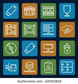 Storage icons set. set of 16 storage outline icons such as binder, fragile cargo, forklift, cd, flash drive, cd fire, usb drive, folder, server, search cloud