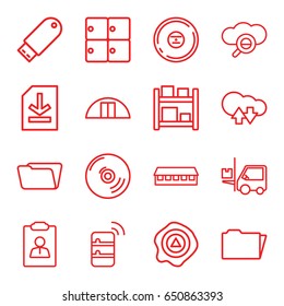 Storage icons set. set of 16 storage outline icons such as barn, folder, arrow up, forklift, cargo barn, cd, flash drive, file, server, cloud download upload, search cloud