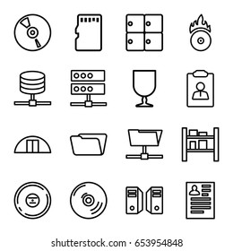 Storage icons set. set of 16 storage outline icons such as luggage storage, resume, folder, fragile cargo, cargo barn, cd, cd fire, memory card