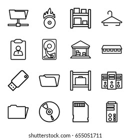 Storage icons set. set of 16 storage outline icons such as barn, hanger, folder, cargo barn, cd, cd fire, memory card, usb drive, hard disc, server