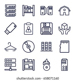Storage icons set. set of 16 storage outline icons such as barn, hanger, handle with care, cargo barn, diskette, cd, cd fire, usb drive, memory card, server, binder, resume