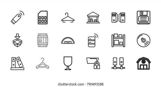 Storage icons. set of 18 editable outline storage icons: barn, hanger, fragile cargo, cargo barn, box, storage, diskette, binder, server, folder protection, usb signal, cd