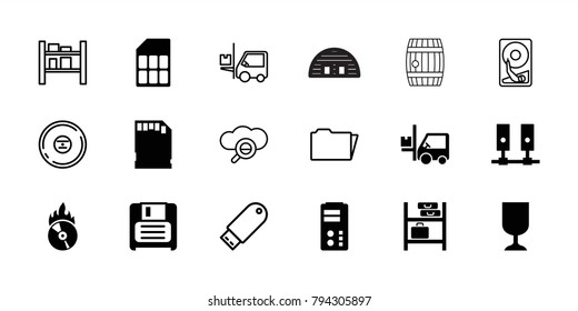Storage icons. set of 18 editable filled and outline storage icons: forklift, diskette, cd fire, server, memory card, cargo barn, cd, flash drive, search cloud, folder