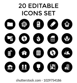 Storage icons. set of 20 editable filled storage icons such as barrel, barn, fragile cargo, arrow up, cargo barn, cd. best quality storage elements in trendy style.