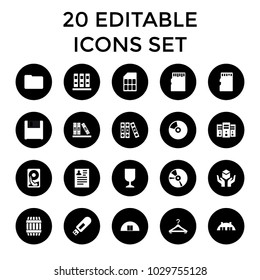 Storage icons. set of 20 editable filled storage icons such as barrel, resume, binder, cd, server, memory card, barn, hard disc. best quality storage elements in trendy style.