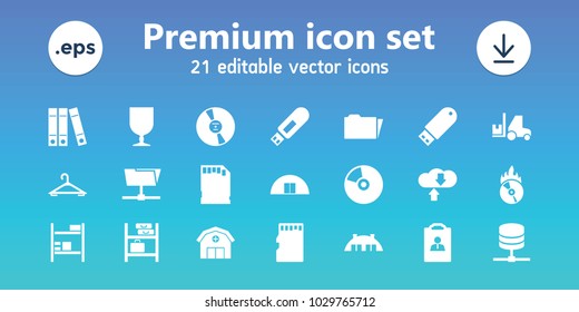 Storage icons. set of 21 editable filled storage icons includes hanger, fragile cargo, resume, flash drive, cd fire, folder, server, download cloud, memory card, barn, cd