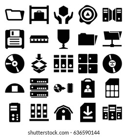 Storage icons set. set of 25 storage filled icons such as luggage storage, barn, binder, folder, fragile cargo, handle with care, arrow up, cargo barn, box, diskette, cd, disc