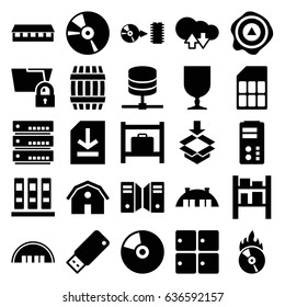Storage icons set. set of 25 storage filled icons such as barrel, luggage storage, barn, fragile cargo, arrow up, cargo barn, box, cd, cd fire, disc, file, usb drive