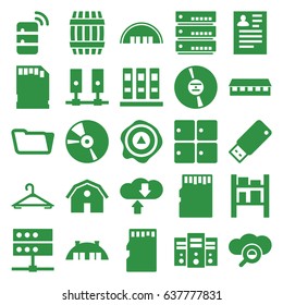 Storage icons set. set of 25 storage filled icons such as barrel, luggage storage, barn, hanger, resume, folder, arrow up, cargo barn, cd, memory card, usb drive, server