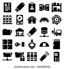 Storage icons set. set of 25 storage filled icons such as barn, resume, binder, arrow up, forklift, cargo barn, box, flash drive, disc, folder, memory card, usb drive