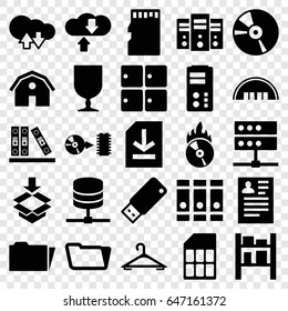 Storage icons set. set of 25 storage filled icons such as luggage storage, barn, hanger, resume, binder, folder, fragile cargo, cargo barn, box, cd, cd fire, disc, file