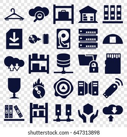 Storage icons set. set of 25 storage filled icons such as hanger, fragile cargo, handle with care, arrow up, cargo barn, binder, cd fire, disc, file, usb signal, memory card