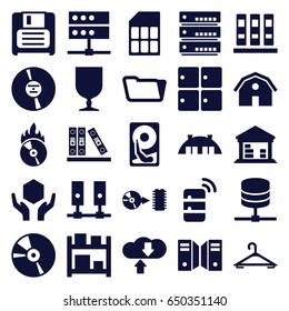 Storage icons set. set of 25 storage filled icons such as barn, hanger, folder, fragile cargo, handle with care, cargo barn, diskette, binder, cd, cd fire, disc, server