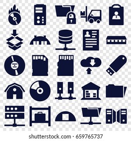 Storage icons set. set of 25 storage filled icons such as luggage storage, barn, resume, forklift, cargo barn, box, cd, flash drive, cd fire, folder, memory card, server