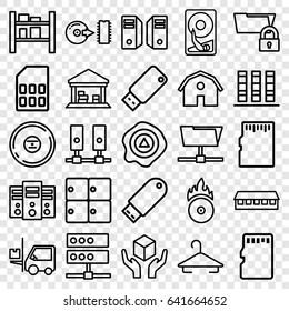 Storage icons set. set of 25 storage outline icons such as luggage storage, barn, hanger, handle with care, arrow up, forklift, cargo barn, cd, flash drive, cd fire, disc