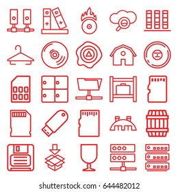 Storage icons set. set of 25 storage outline icons such as luggage storage, barrel, barn, hanger, fragile cargo, arrow up, box, diskette, binder, cd, flash drive, cd fire