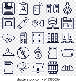 Storage icons set. set of 25 storage outline icons such as barrel, hanger, folder, cargo barn, box, diskette, cd, cd fire, disc, memory card, server, usb signal, binder