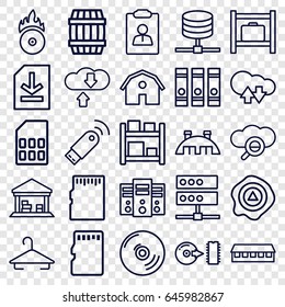 Storage icons set. set of 25 storage outline icons such as barrel, barn, hanger, binder, arrow up, cargo barn, cd fire, disc, file, memory card, usb signal, cd