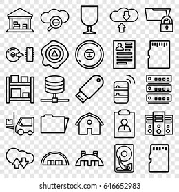 Storage icons set. set of 25 storage outline icons such as barn, resume, fragile cargo, arrow up, forklift, cargo barn, cd, flash drive, disc, folder, memory card, server