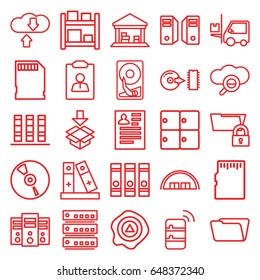 Storage icons set. set of 25 storage outline icons such as barn, resume, binder, folder, arrow up, forklift, cargo barn, box, cd, disc, memory card, server, hard disc