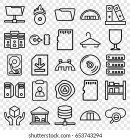 Storage icons set. set of 25 storage outline icons such as barn, hanger, folder, fragile cargo, handle with care, arrow up, cargo barn, binder, cd fire, disc, file