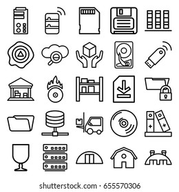 Storage icons set. set of 25 storage outline icons such as barn, folder, fragile cargo, handle with care, arrow up, forklift, cargo barn, diskette, binder, cd fire, file