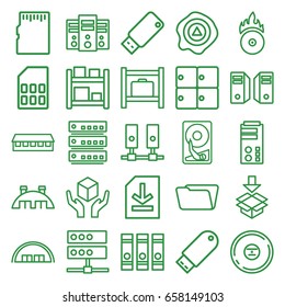 Storage icons set. set of 25 storage outline icons such as barn, binder, folder, handle with care, arrow up, box, cd, flash drive, cd fire, file, usb drive, memory card