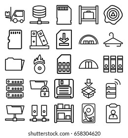 Storage icons set. set of 25 storage outline icons such as barn, hanger, binder, arrow up, forklift, cargo barn, box, diskette, cd fire, folder, file, memory card, server