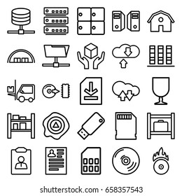 Storage icons set. set of 25 storage outline icons such as luggage storage, barn, resume, fragile cargo, handle with care, arrow up, forklift, cargo barn, cd fire, disc, file