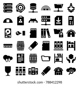 Storage icons. set of 36 editable filled storage icons such as barrel, barn, resume, binder, folder, cloud download upload, fragile cargo, handle with care, arrow up
