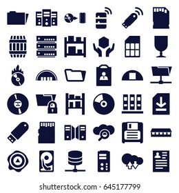 Storage icons set. set of 36 storage filled icons such as barrel, barn, resume, folder, fragile cargo, handle with care, arrow up, cargo barn, diskette, cd, flash drive