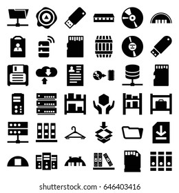 Storage icons set. set of 36 storage filled icons such as barrel, barn, hanger, resume, binder, folder, handle with care, arrow up, cargo barn, box, diskette, cd, flash drive