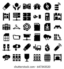 Storage icons set. set of 36 storage filled icons such as barrel, barn, hanger, binder, folder, fragile cargo, handle with care, arrow up, forklift, cargo barn, cd