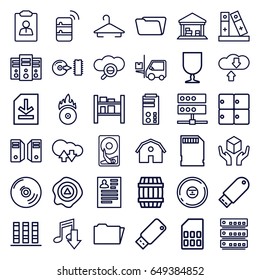 Storage icons set. set of 36 storage outline icons such as luggage storage, barrel, barn, hanger, resume, folder, fragile cargo, handle with care, arrow up, forklift