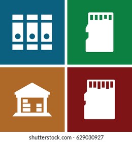 Storage icons set. set of 4 storage filled icons such as binder, cargo barn